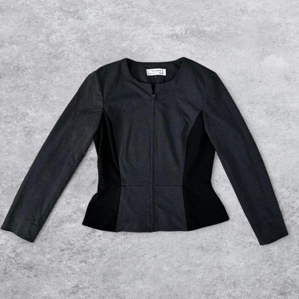 Tahari Arthur S Levine Charcoal Grey Black Peplum Zip Up‎ Blazer Jacket 4